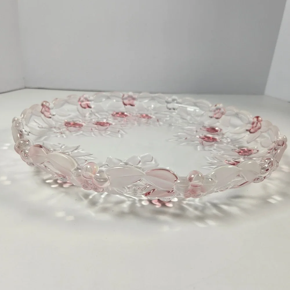 Venezia Collection Platter Fine Crystal 12.5in Pink Clear Floral Embossed Glass
